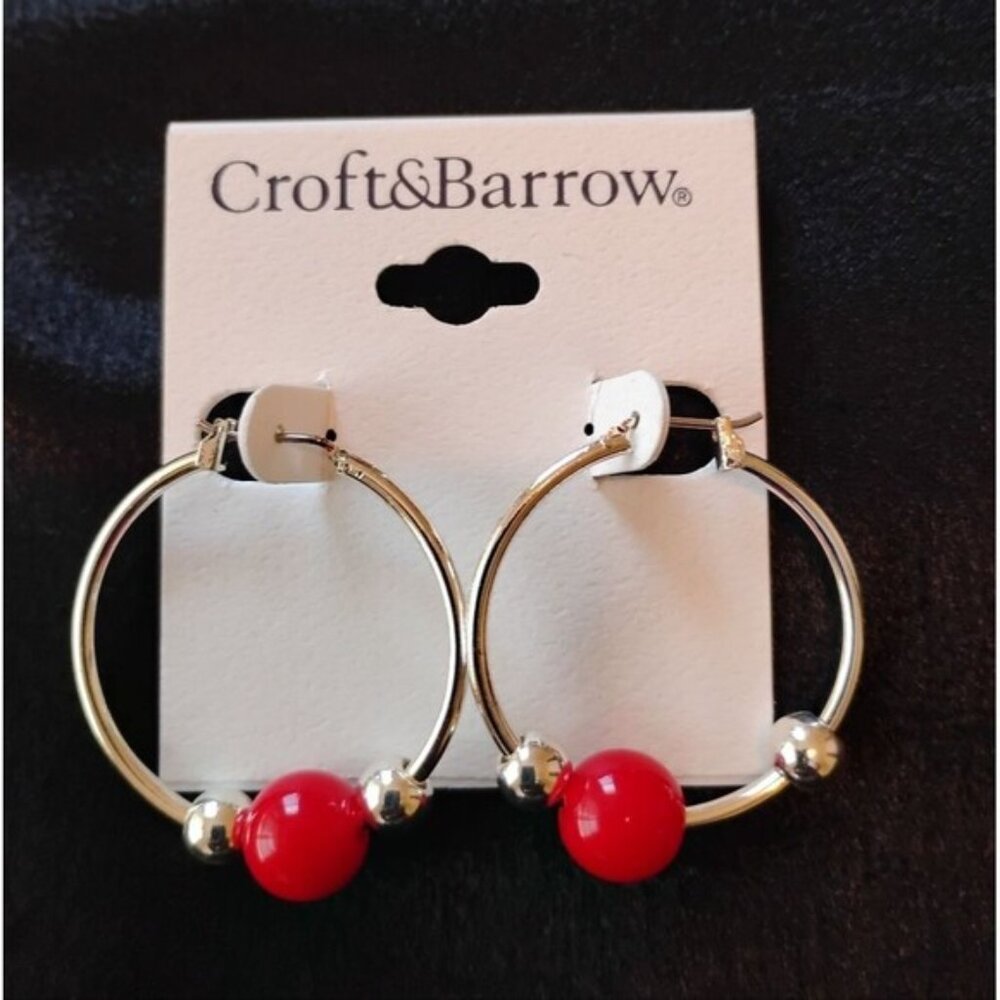 Women's Earrings Silver Red Hoops Beaded Round Shaped Pierced Dangly Jewelry